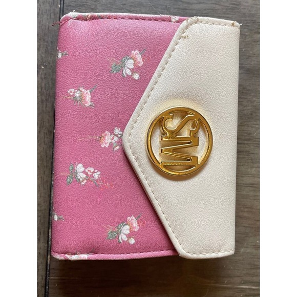 SM Floral Wallet Card Holder Pink White Gold Logo Small Purse - Picture 1 of 5